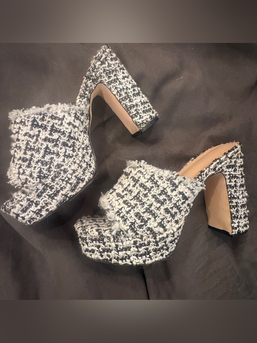 Tweed block heel mules